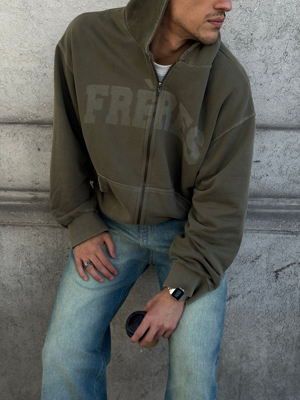 Hoodie Zip Washed - Verde